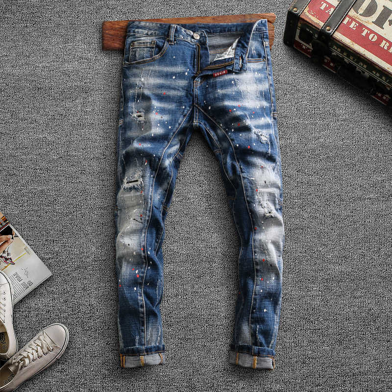 

American Streetwear Fashion Men Jeans Retro Blue Elastic Slim Fit Ripped Cotton Denim Pants Painted Designer Hip Hop Trousers