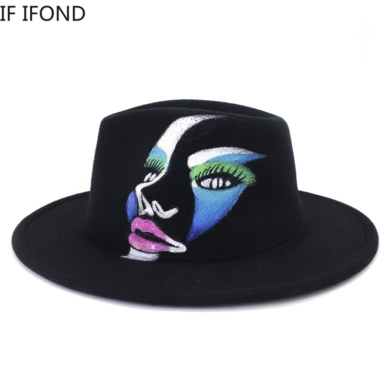 

Handmade Painted Wool Felt Black Fedora Hat For Women/Men Fashion Wide Brim Autumn Winter Panama Jazz Cap 210608