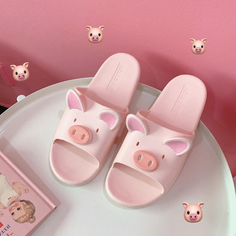 

Pig Cartoon Slippers Women Slides Summer Cute Home Slippers Flat Shoes Lovely Indoor Non-slip Bathroom Sliders Shoes, Black