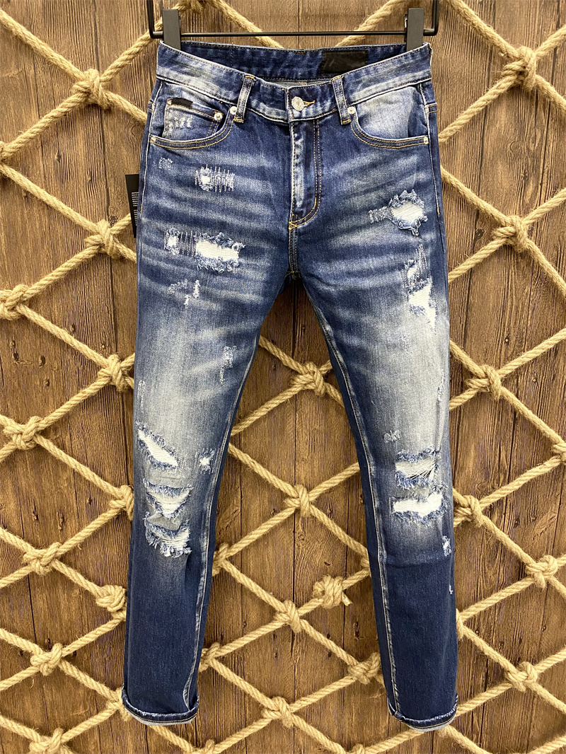 

Designer Men's Jeans European and American High Street Fashion Blue Retro Old Thigh Knife Cut Hole Slim Male, D19
