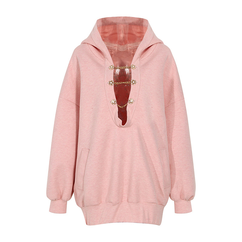 

Hollow Out Patchwork Diamond Sweatshirt For Women Hooded Collar Long Sleeve Embroidery Sweatshirts Female 2021 Fall, Black