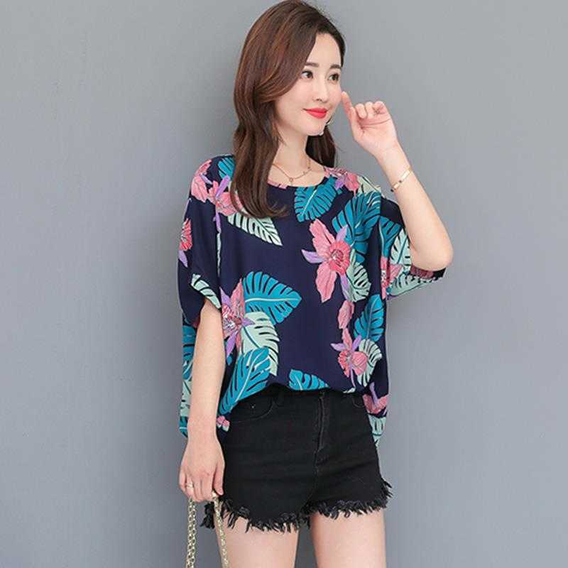 

Summer Chiffon Blouse Short-Sleeve Womens Shirts O-neck Batwing Sleeve Tops Elegant Floral Print Loose Blusas DF2610 210609, White