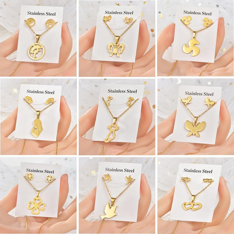 

Earrings & Necklace Titanium Steel Set Pendant Small Animal Unisex Jewelry Accessories Two-piece Foreign Trade Women, Silver