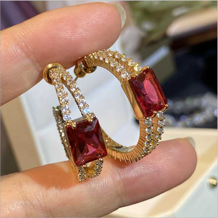 

Hoop & Huggie Women Inlaid Red Zircon Earrings Crystal Celebrity Micro Inlays