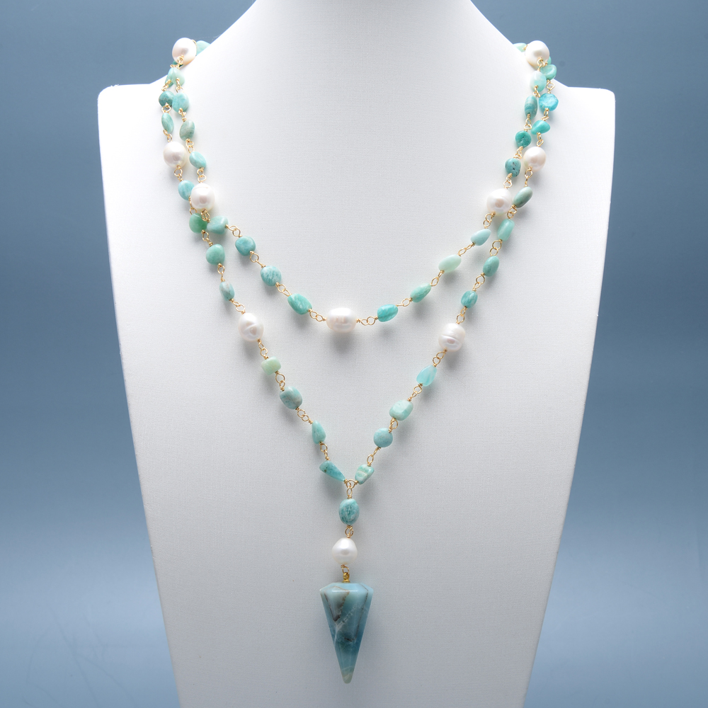 

GuaiGuai Jewelry Natural Blue Amazonites White Rice Freshwater Pearl Statement Necklace Real Amazonite Pendant Necklace Handmade For Women