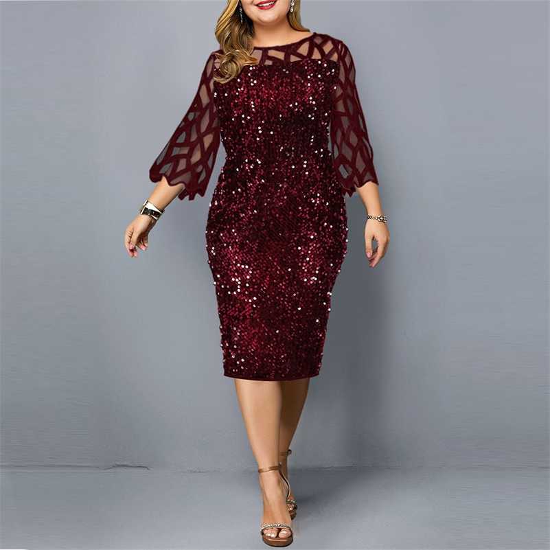 

Party Dress Plus Size Ladies Midi Sequin Mesh Long Sleeve Lace Elegant Bodycon XL- 5XL Evening Dresses Woman Summer 211028, Black dress
