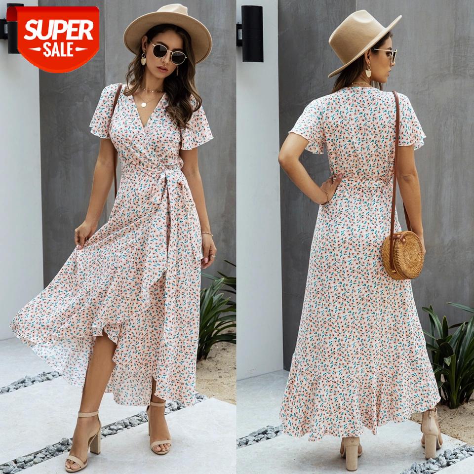 

Fashion Casual Women's Elegant Dresses Sexy Summer Polka Dot Sexy Deep V-Neck Ruffles Boho Long Dress Sashes Belt Leisure dress #tH8N, Black;gray