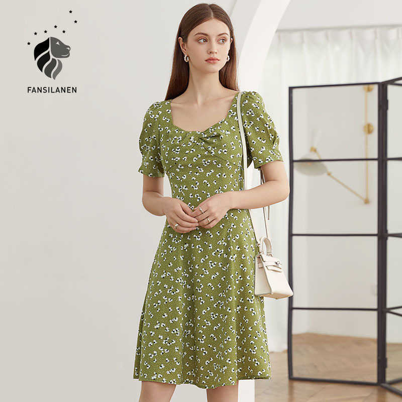 

FANSILANEN Vintage puff sleeve green chiffon dress Women twist yellow midi summer Female sexy slim beach boho es 210607