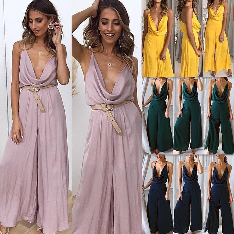 

Women' Jumpsuits & Rompers 2021 Solid Color Sexy Deep Plunging V Neck Jumpsuit Summer Cross Backless Wide Leg Pants Body Mujer Overalls For, Green
