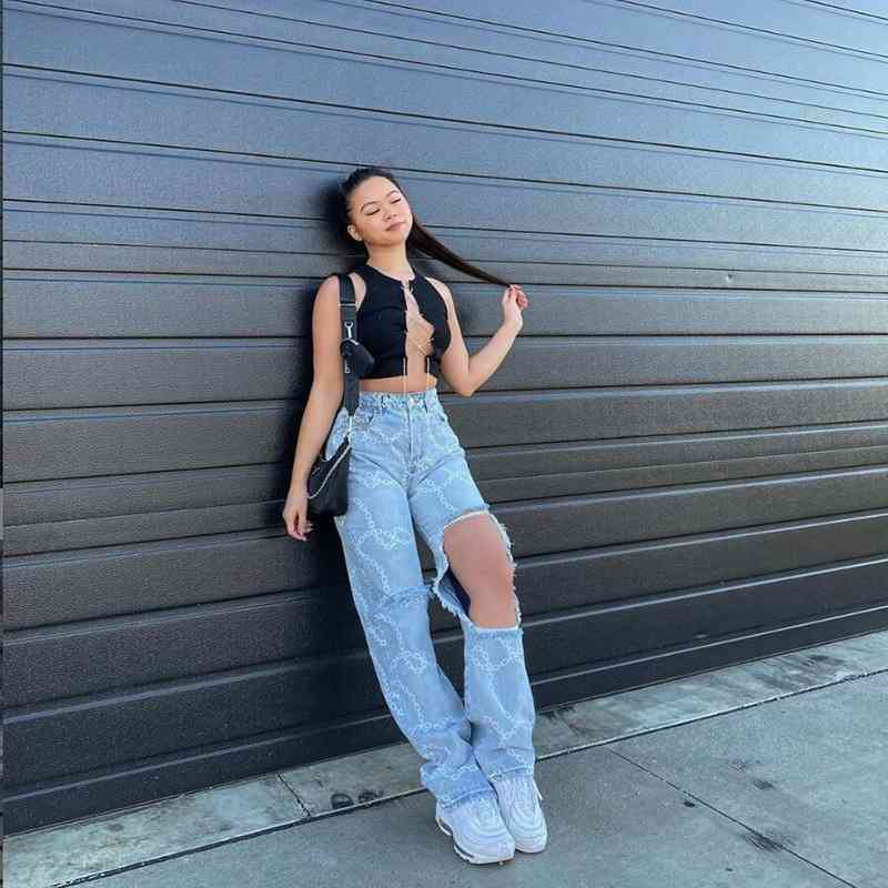 

women' wear style slim casual pants in summer water wash hole, wide leg high waist jeans female y2k jeans pants 210602, Blue