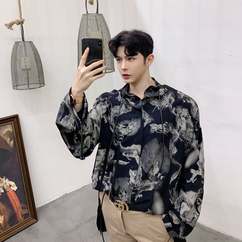 

2021 Spring Men's New Clothes Loose Stand Lead Ink Dragon Printing Long Sleeves Shirts Two Color High-quality Coats Size M-xl Yefo, White