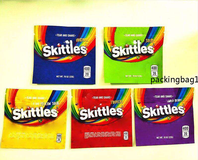 

5 types sour Skittles edibles packaging bags Empty soft touch skin 400MG Rainbow Packages warheads Candy smel resealable E