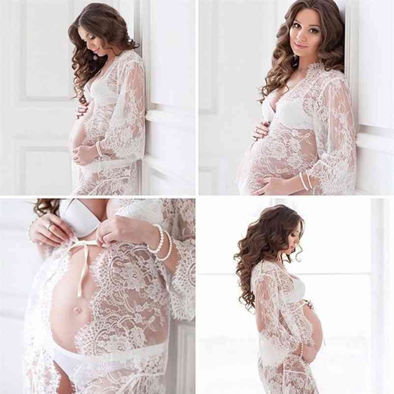 

White Matenity Gown Po Shoot Maternity Pography Props Lace Dresses Knee Length Maxi Dress See Through 210721, Pink
