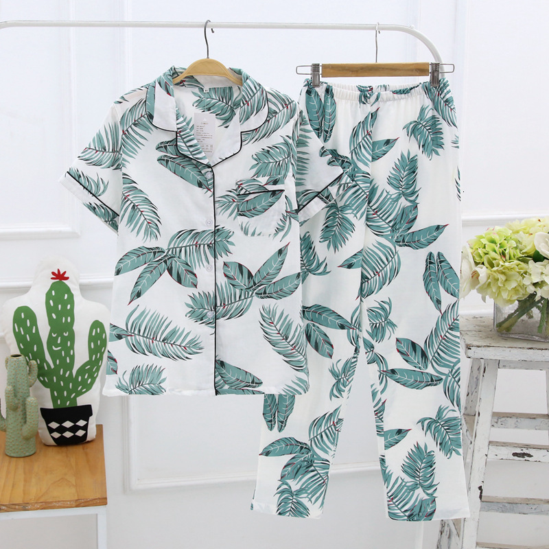 2021 New Japanese Style Simple Women Female 100% Cotton Gauze Short Sleeve Trousers Ladies Suit Cute Pajamas Sets Home 7c2x-image-660608179