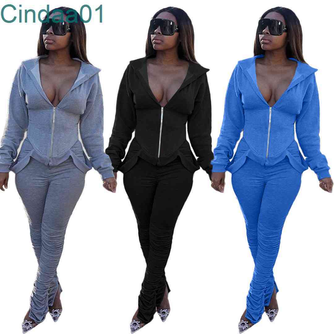 

Women Two Piece Pants Designer Tracksuits Solid Colour Zipper Hooded Jacket Pleated Forked Leggings Autumn And Winter Sportwear 3 Colours, Gray