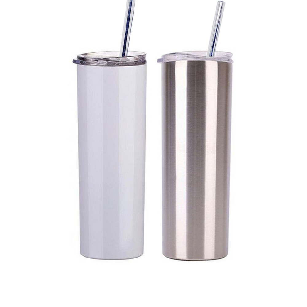 

20oz Sublimartion Straight Tumblers Steel Straw Rubber Bottoms Stainless Steel tumbler Coffee Mug Sublimation Blanks Water Bottle, Stainless steel color with straw and lid