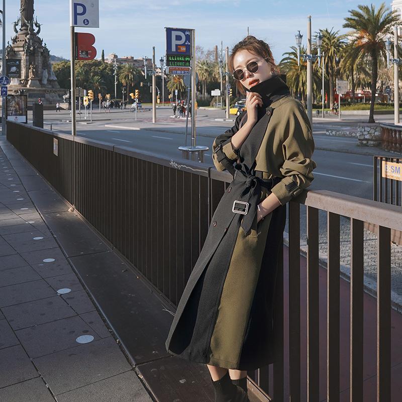 

Women's Trench Coats 2021 KoRea Beautiful Green Coat Autumn Lapel Loose Lace Up Waist Double Breasted Long Sleeve Windbreaker, Tan;black