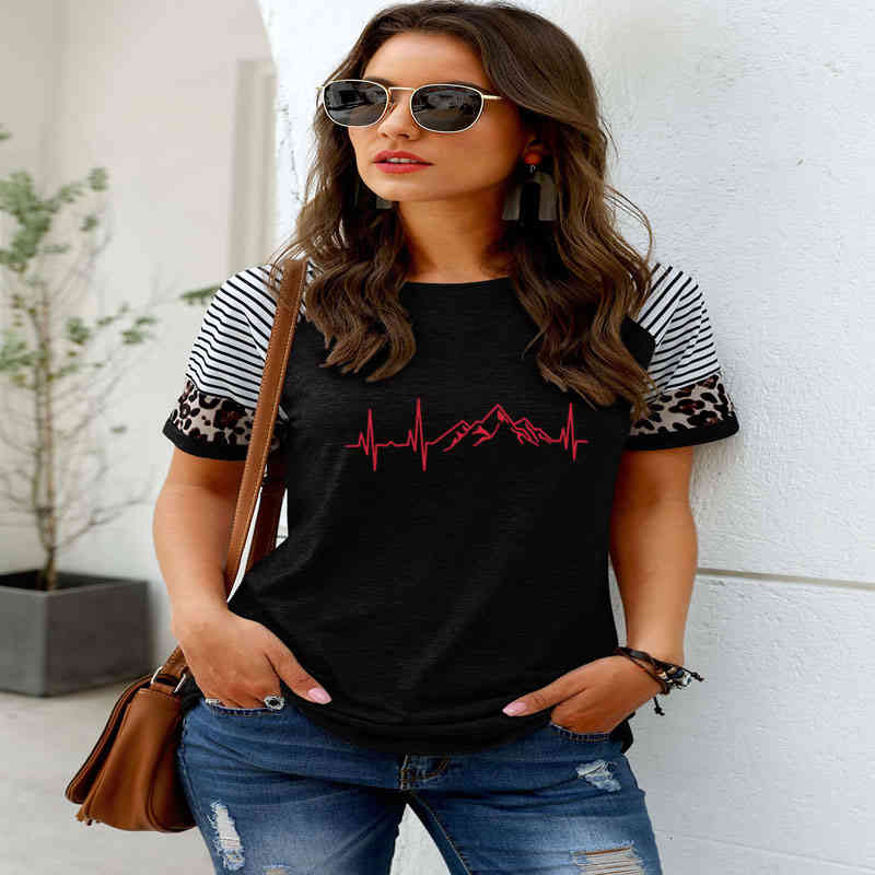 

Woman Short Sleeve Print Graphic Tees Summer O-neck T-shirt Female Tops Shirts For Women Heartbeat Harajuku Trendy T Shirt, White