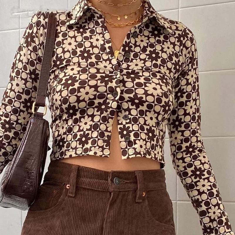 

Women' Jackets 2021 Floral Dot Print Coat Women Autumn Crop Top Casual Streetwear Button Female Clothing Y2K Elegant Jacket Fashion Cardiga, Brown