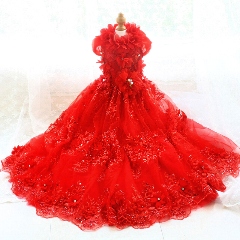 

Handmade Dog Apparel Pet Clothes Bright Red 3D Embroidered Flowers Wedding Dress Trailing Gown Pearl Collar Maltese Yorkie Party Holiday Photography
