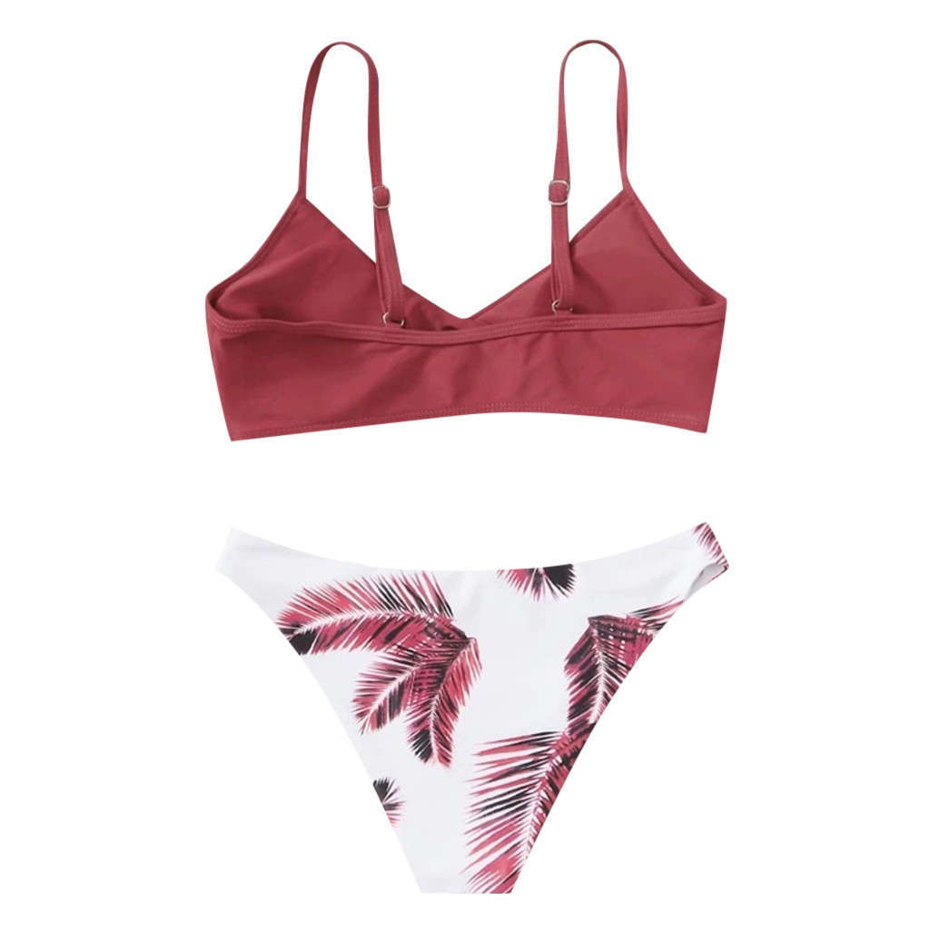 

Leaf Printed Bikinis Set Women V-Neck High-Waisted Two Piece Swimsuit 2021 New Girl Beach Bathing Suit Swimwear Biquini, White;black
