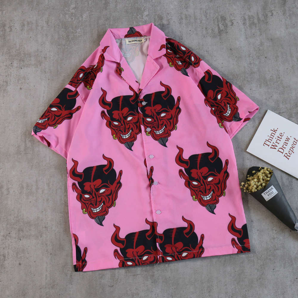 

New chic devil Print Men's short sleeve net red street loose BF Shirt women's, White;black