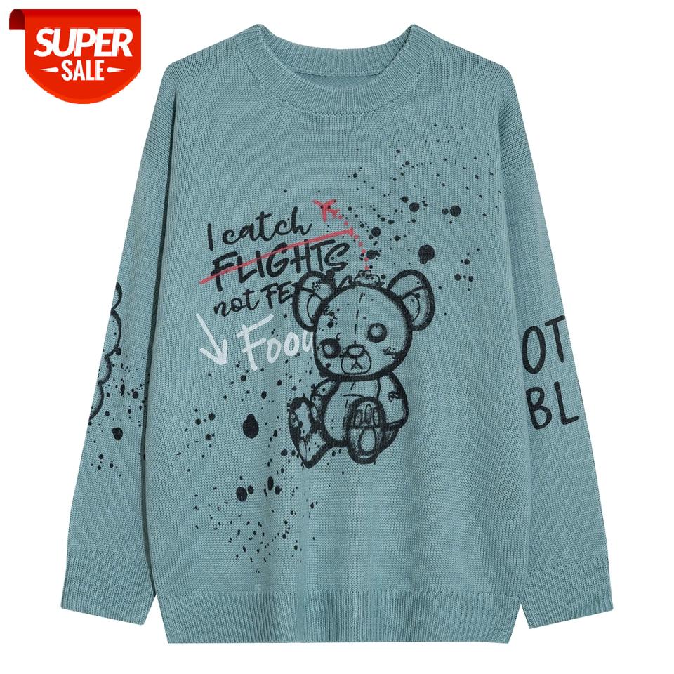 

Hip Hop Bear Print Knitted Sweater Pullovers Men 2020 Harajuku Streetwear Male Sweater Hip Hop Vintage Autumn Casual Loose Tops #by9M, White;black