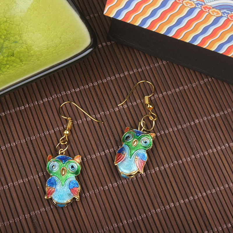 

Handmade Colorful Enamel Cute Owl Charm Earrings Cloisonne Filigree Eardrop Women Accessories Ear Dangle Animal Copper Jewelry