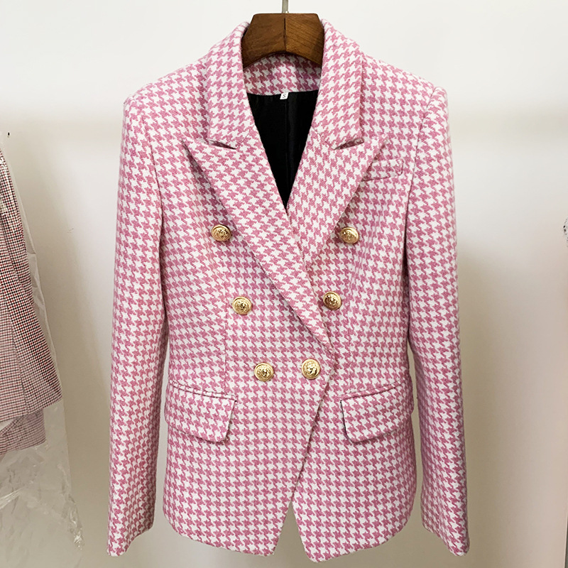 

New Designer Women Woolen Blazers Lion Head Golden Buttons Double Breasted Suit Jacket Long Sleeve Slim Formal Business Blazer Coat E21, Pink