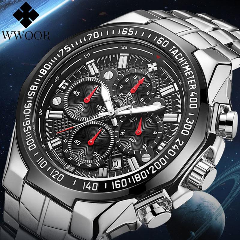 

Wristwatches Reloj Hombre WWOOR Men's Watches Top Stainless Steel Waterproof Quartz Wrist Watch Sport Chronograph Military, White black black