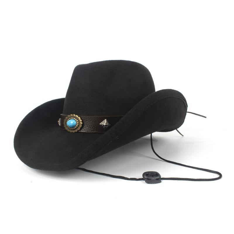 

Cloches Breezer Hat Women Men Wool Hollow Western Cowboy Roll-up Brim Gentleman Outblack Sombrero Hombre Jazz Cap Wind Rope, Black