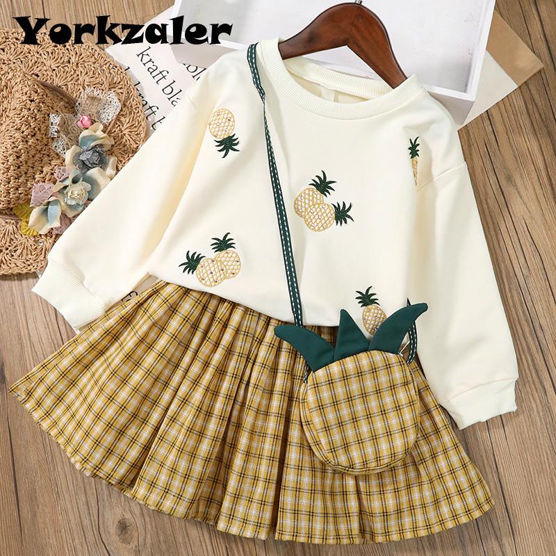 

2021 New Brand Clothes Aset for Toddler Girls Children Fall Clothing Suit with Free Bag Pineapple Sweat Shirt and Skirt 3 Pieces, White