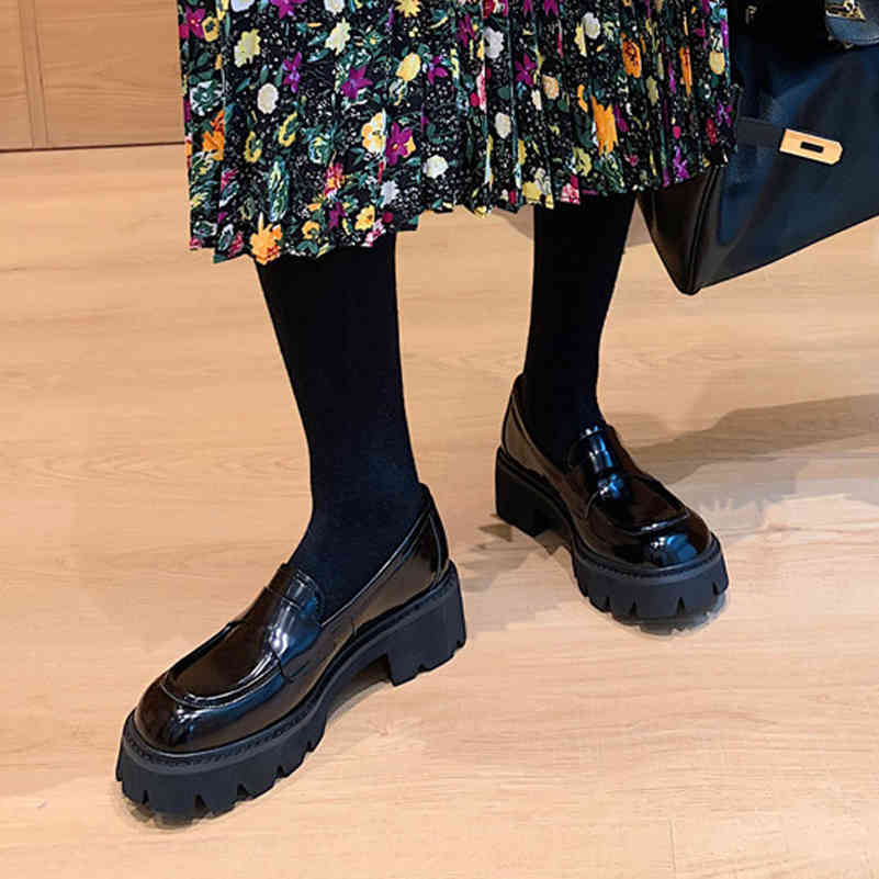 

dress shoes meotina loafers woman genuine leather med heels platform thick heel pumps round toe female footwear spring new black v