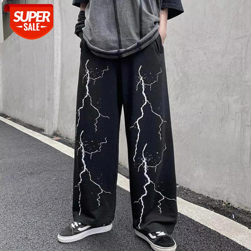 

gothic streetwear bottom couple Summer pants women loose straight straight handsome printed couple loose casual wide leg pants #875x, Black;white