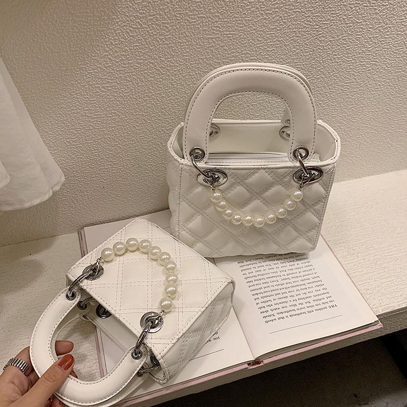 

Elegant Female Pearl Small Tote bag 2021 Summer New Quality PU Leather Women's Designer Handbag Lattice Shoulder Messenger bags, White big