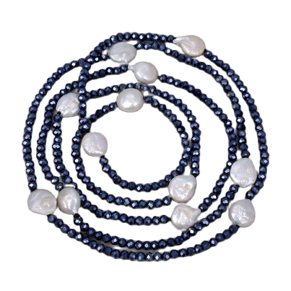 

GuaiGuai Jewelry Cultured White keshi Pearl Black Crystal Long Sweater chain Necklace Handmade For Women Real Gems Stone Lady Fashion Jewellery