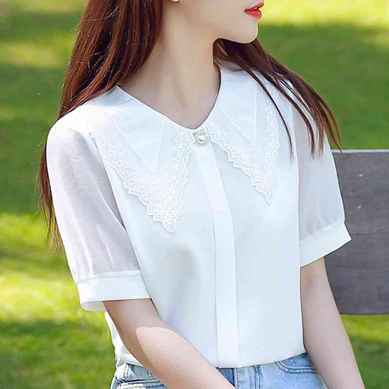 

Blouse Women  V-neck Chiffon Shirt Tops Short Sleeve White Shirts Blusas D321 210602, Light green