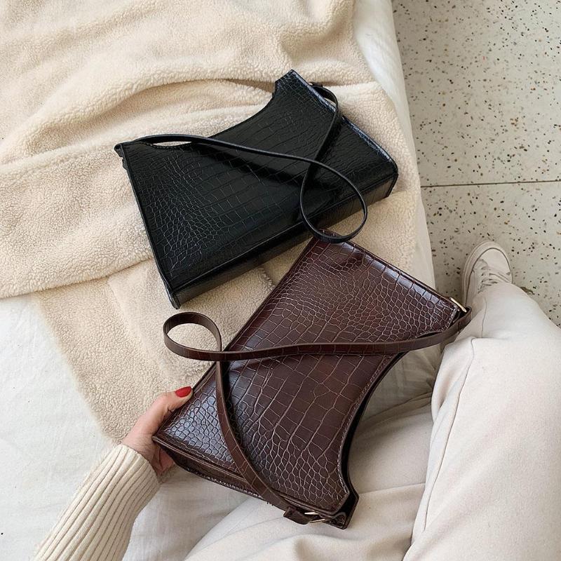 

New Fashion Vintage Crocodile Bags Leather Retro Women Shoulder Bag Totes Elegant Ladies Solid Color Handbag Totes, Black