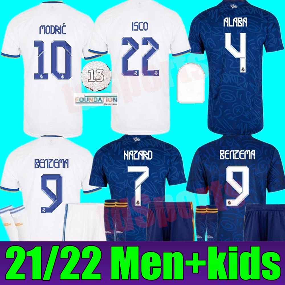 

REAL MADRID soccer jerseys 21 22 football shirts home away 3rd HAZARD BENZEMA ASENSIO MODRIC MARCELO camiseta adult men + kids kit 2021 2022 uniforms fourth, Home+league patch