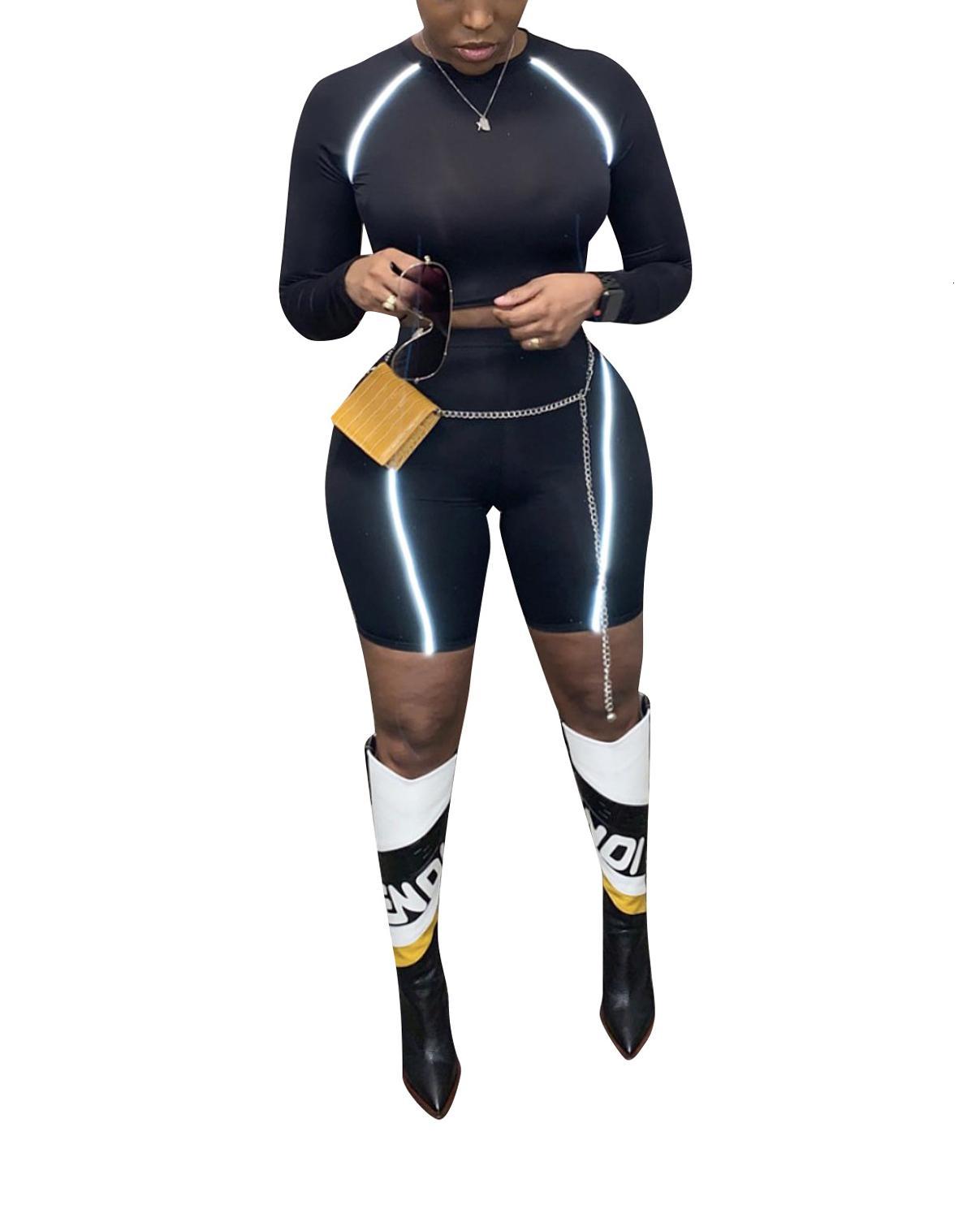 

2021 New Women Refective Stripes Splicing O-neck Long Sleeve Top Short Pants Suit Bodycon 2pcs Set Casual Tracksuit Outfit C0iq, Black