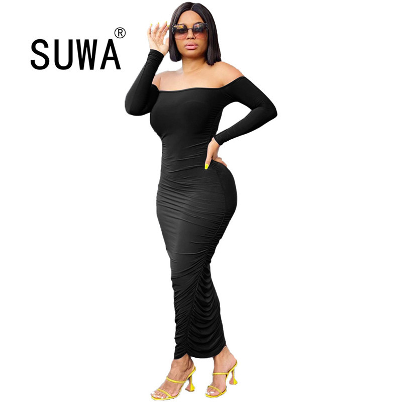 

Women Dresses Long Elegant Party Prom Slash Neck Sleeve Bodycon Stacked Free Lady Maxi Dress All Black Vestidos 210525