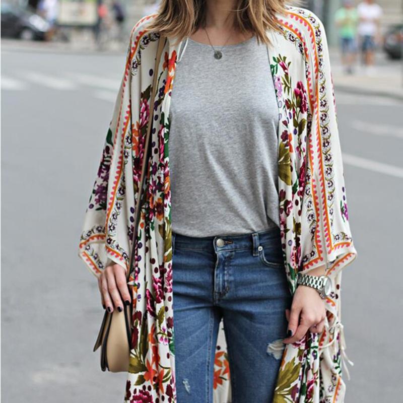 

Luck A Women Sexy Floral Long Chiffon Monokini Cardigan Bikini Cover up Beachwear Blouse Shirt Top Loose Top Blouse Beachwear, As shown