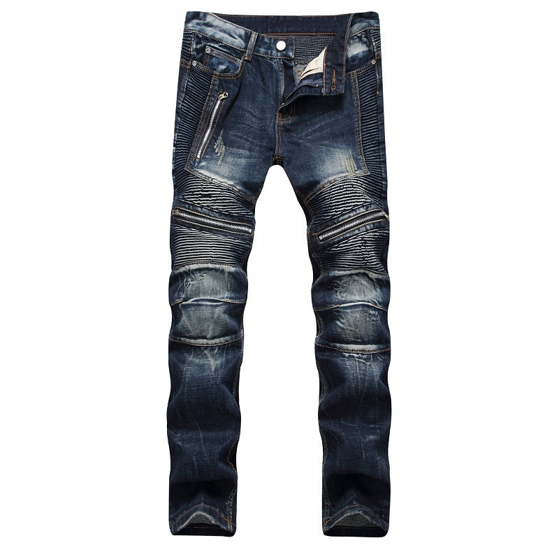 

2021 New Autumn Spring Men's Ripped Street Hip Hop Punk Stretch Bike Jeans Trendy Holes Straight Denim Trouers Khmb, 001 2