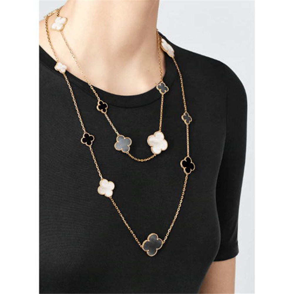

90CM-18K Gold Fashion Classic 4/Four Leaf Clover 16 Flowers Pendant Necklace Malachite Chain for Women&Girls Valentine's Mother's, Silver
