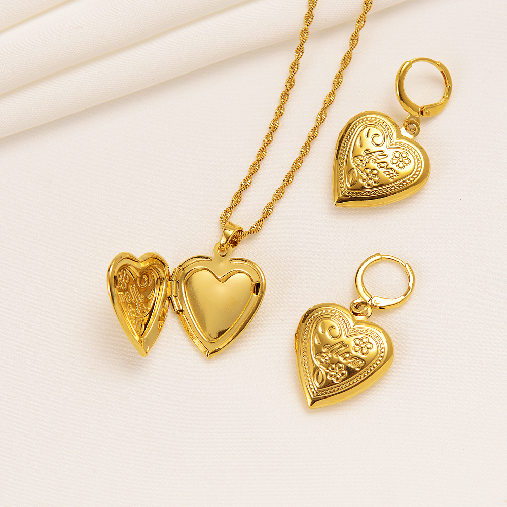 

22k Solid Fine Gold 18ct THAI BAHT G/F Necklace earring Virgin Mary Open flower heart Pendant Mam Faith Jewelry Sets Women, Golden