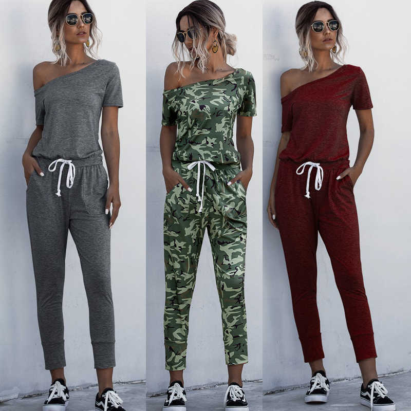 

Fashion Women Summer Solid Jumpsuits Casual Oblique Collar Drawstring Lace Up Pockets Short Sleeve Mid Waist Slim Long Playsuits 210526, 5328-light gray