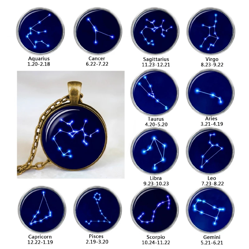 

Men Women Jewelry Glowing Glass Pendant Necklace 12 Constellation Necklaces