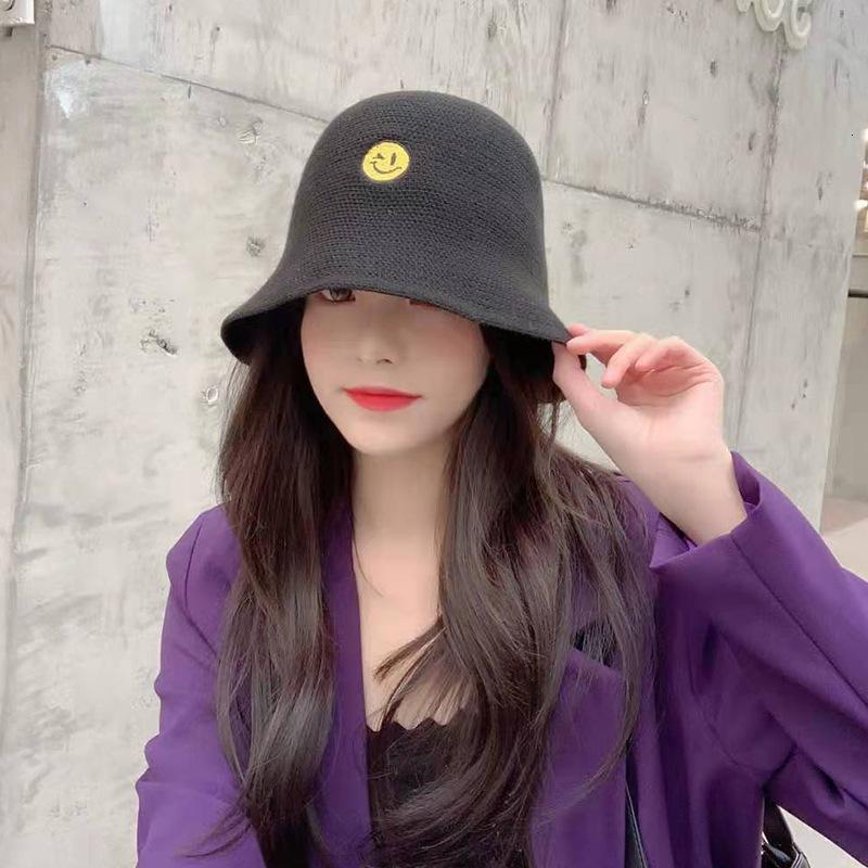 

bucket hat spring and summer fisherman's Hat Women's smiling face embroidered brim basin travel sunscreen, Pale pink