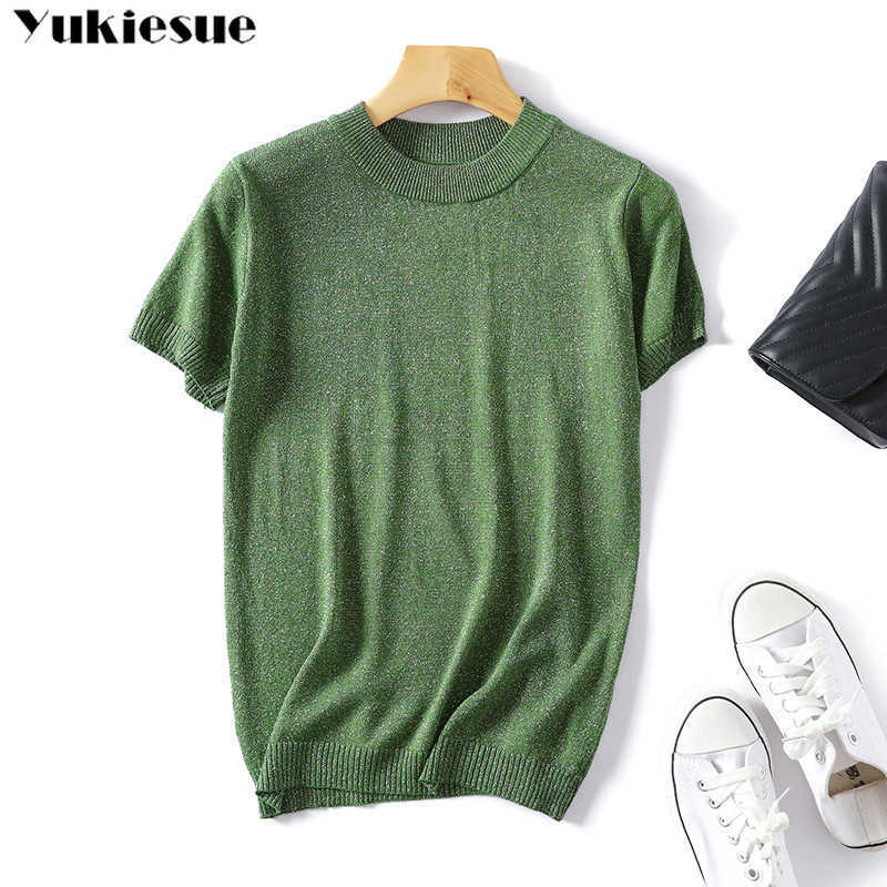 

summer Glitter T Shirt Women bling Knitted Casual short Sleeves op O-Neck shiny shirt Slim Kintwear Female -shirt 210608, Wine red