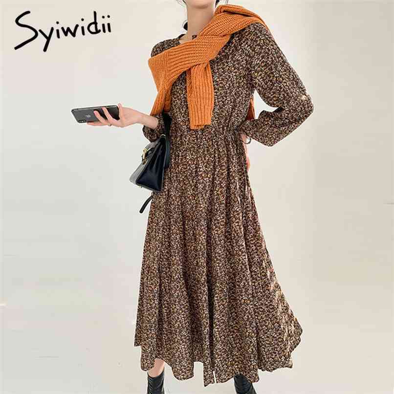 

Chiffon Dresses Women Clothing A-Line Floral Mid-Calf Empire Casual Winter O-Neck Party Long Sleeve Plus Size 210607, Coffee